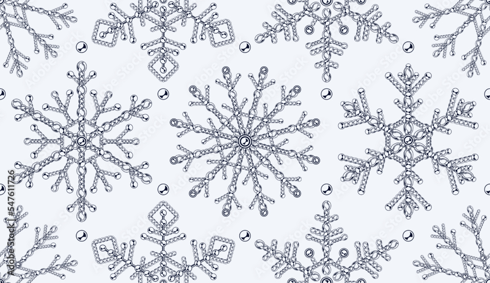 Monochrome seamsless pattern with big snowflake made of jewelry chains with ball beads on a white background Elegant creative illustration for christmas, new year holiday, gift package decoration