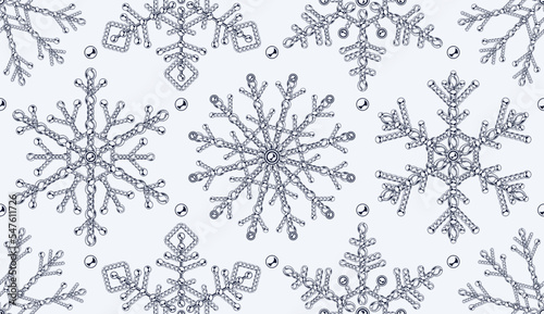 Monochrome seamsless pattern with big snowflake made of jewelry chains with ball beads on a white background Elegant creative illustration for christmas, new year holiday, gift package decoration