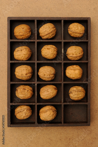 box with compartments filled with walnuts, one missing