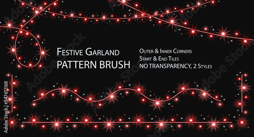 Pattern seamless brush with festive garland like sparkler. Red glowing sparkles, stars on wire strings. Brush with round halftone shapes and brush without it. No transparency