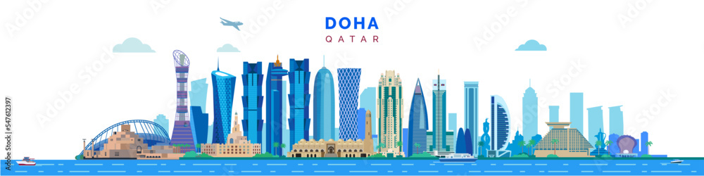 Doha qatar city modern buildings and monuments. Business travel and concept with architecture. Vector illustration on white background.