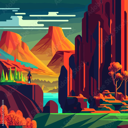Abstract colorful vector illustration of a hiker man in Grand Canyon