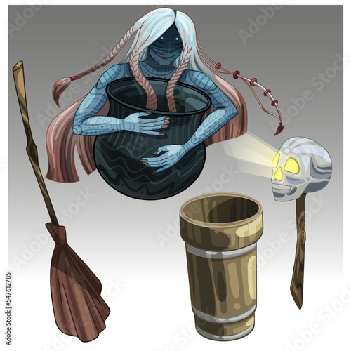 A terrible witch from Slavic myths and fairy tales. next to a glowing skull and a flying stupa