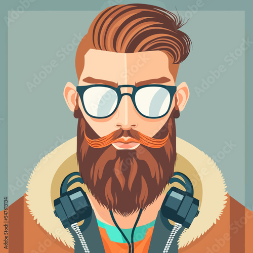 Vector illustration of a handsome bearded man with sunglasses and headphones