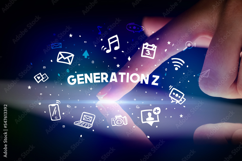 Finger touching tablet with social media icons concept Finger touching tablet with social media icons concept