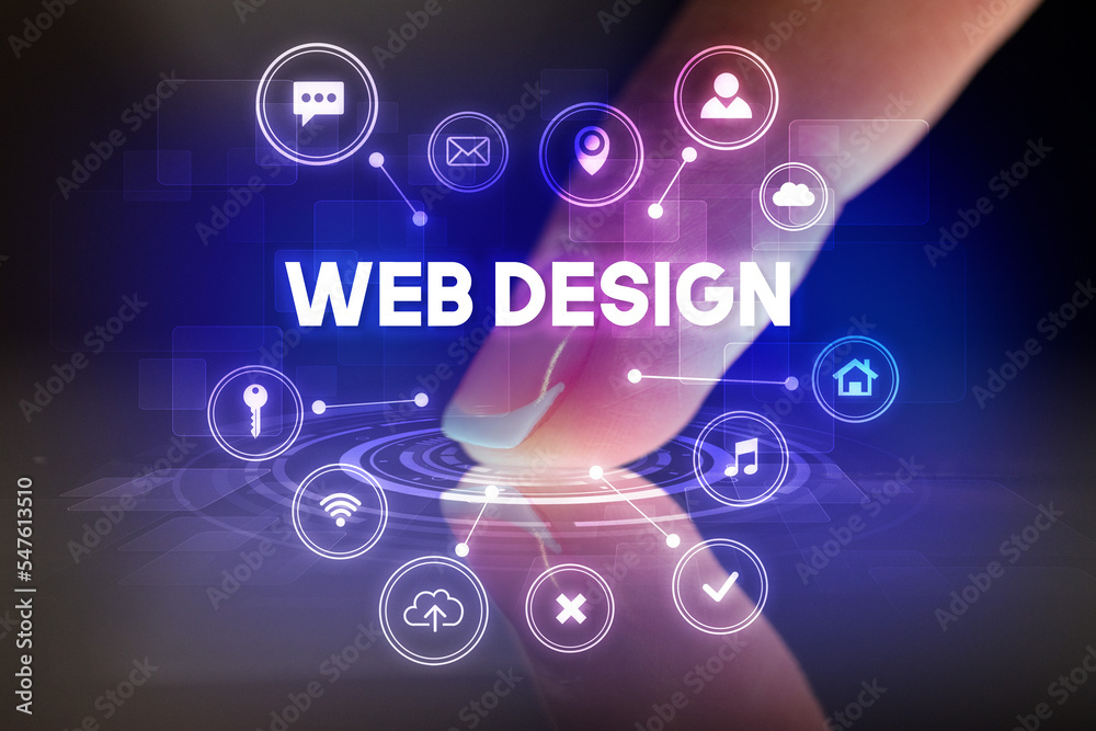Finger touching tablet with web technology icons concept Finger touching tablet with web technology icons concept