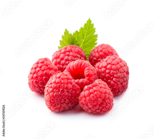Sweet raspberry with leaves on white backgrounds