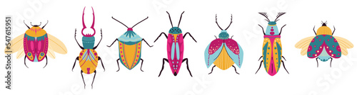 Funny insects. Collection of hand drawn bugs. Bug species and exotic beetles icons collection.