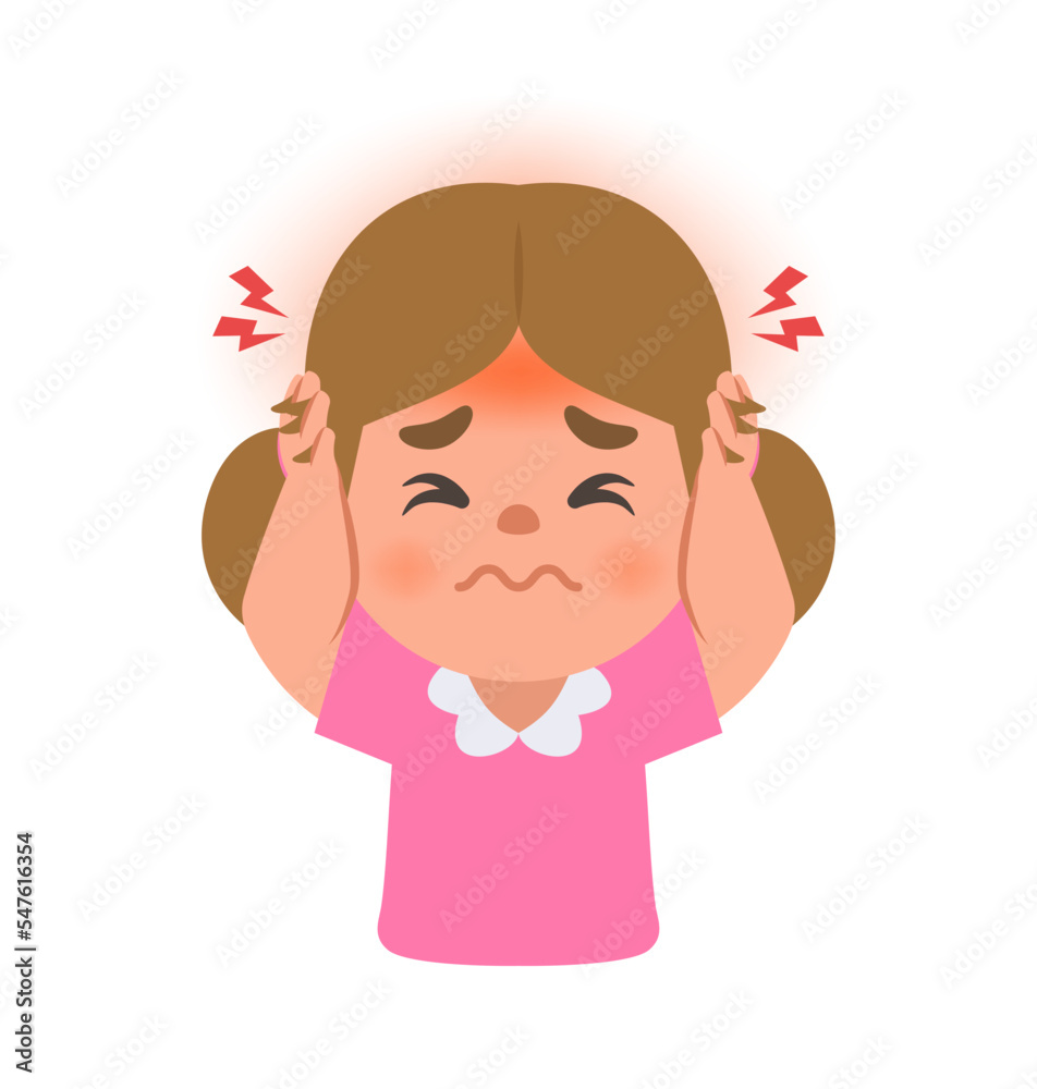 a white girl get a headache. illustration cartoon character vector design on white background. kid and health care concept. a white girl get a headache. illustration cartoon character vector design on white background. kid and health care concept.