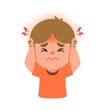 a white boy get a headache. illustration cartoon character vector design on white background. kid and health care concept.
