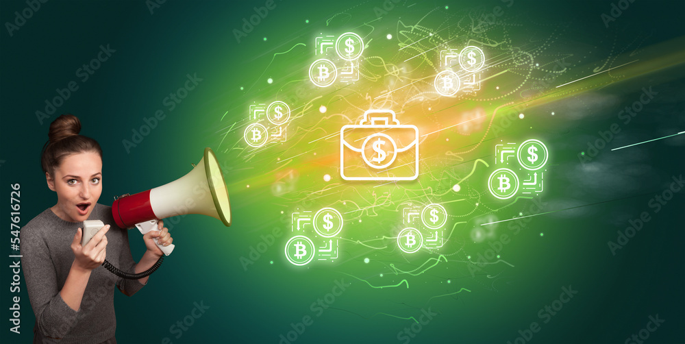 Young person with megaphone and currency icon Young person with megaphone and currency icon
