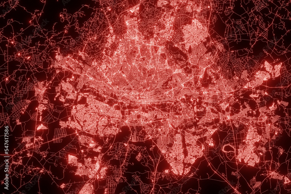 Naklejka premium Street map of Johannesburg (South Africa) made with red illumination and glow effect. Top view on roads network. 3d render, illustration