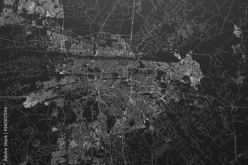 Street map of Pretoria (South Africa) on black paper with light coming from top