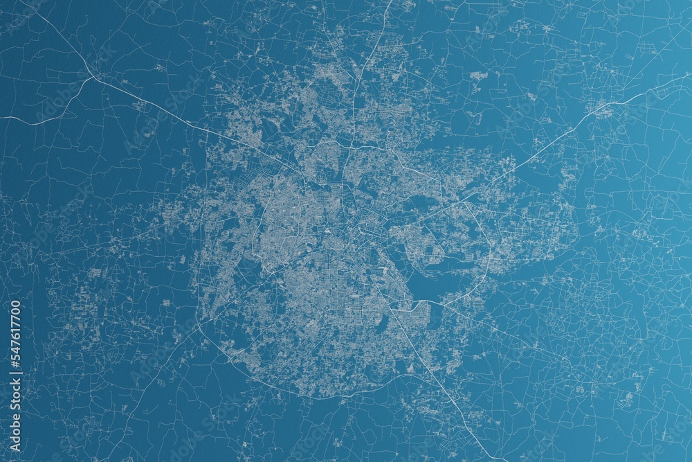 Map of the streets of Bangalore (India) made with white lines on blue paper. Rough background. 3d render, illustration Map of the streets of Bangalore (India) made with white lines on blue paper. Rough background. 3d render, illustration