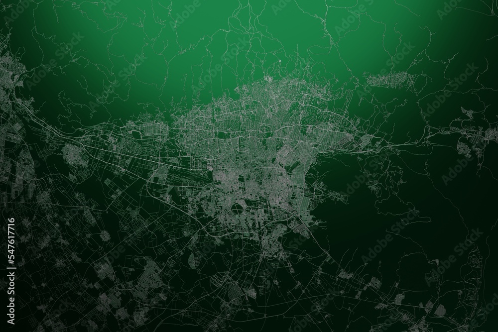 Street map of Tehran (Iran) engraved on green metal background. Light is coming from top. 3d render, illustration