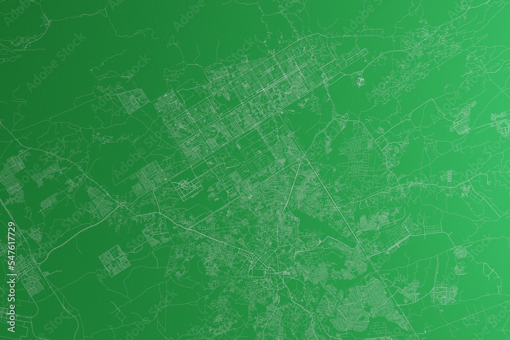 Map of the streets of Islamabad (Pakistan) made with white lines on green paper. Rough background. 3d render, illustration