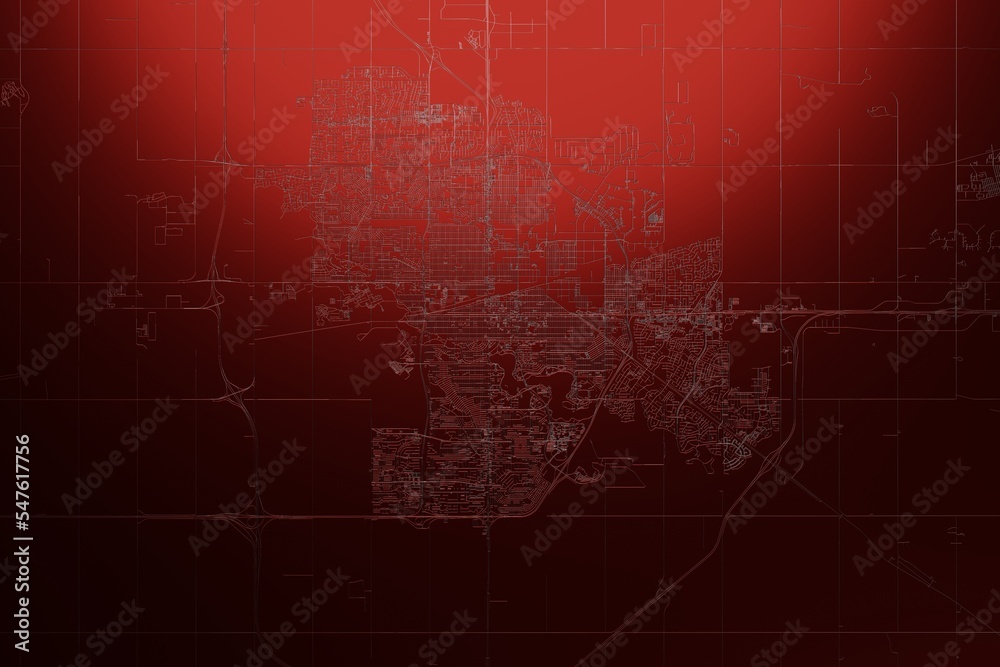 Street map of Regina (Canada) engraved on red metal background. Light is coming from top. 3d render, illustration