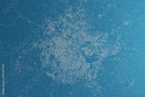Map of the streets of Bangalore (India) made with white lines on blue paper. Rough background. 3d render, illustration