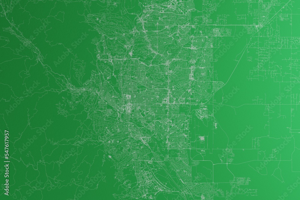 Map of the streets of Colorado Springs (Colorado, USA) made with white lines on green paper. Rough background. 3d render, illustration