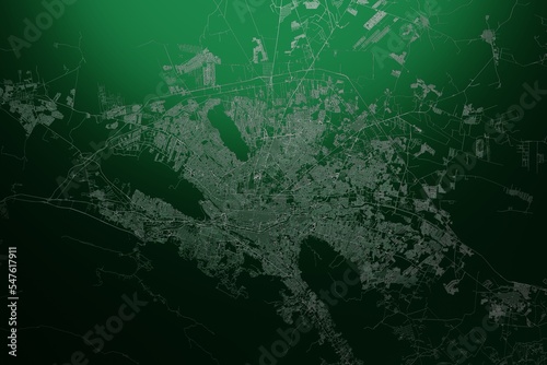 Street map of Monterrey (Mexico) engraved on green metal background. Light is coming from top. 3d render, illustration