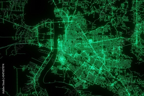 Map of the streets of Baton Rouge (Louisiana, USA) made with green illumination and glow effect. Top view on roads network. 3d render, illustration photo