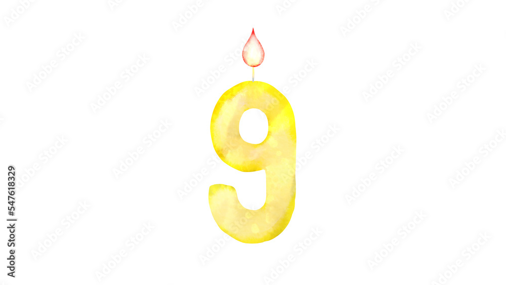 Fototapeta premium 数字の9のキャンドルの水彩風背景透過イラスト