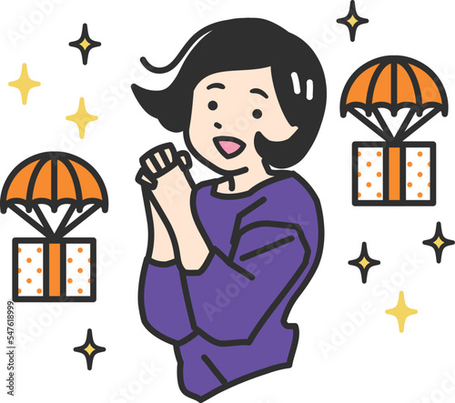 プレゼントが手に入ってジャンプして喜ぶ女性のシンプルタッチのイラスト