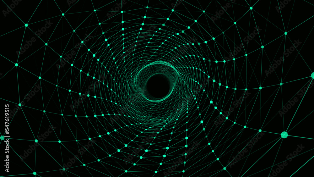 Abstract dynamic wireframe tunnel on green background. Deep wave wormhole. Futuristic particle flow. Vector illustration. Abstract dynamic wireframe tunnel on green background. Deep wave wormhole. Futuristic particle flow. Vector illustration.