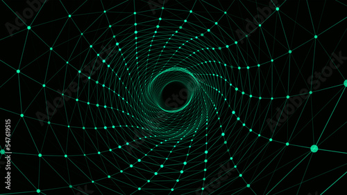 Abstract dynamic wireframe tunnel on green background. Deep wave wormhole. Futuristic particle flow. Vector illustration.