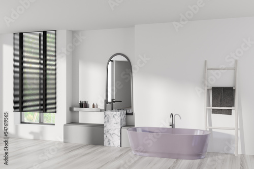 Corner view on bright bathroom interior with bathtub  panoramic window