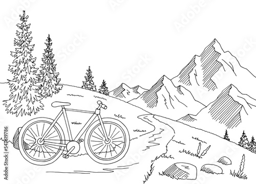 Bicycle in mountain graphic black white landscape sketch illustration vector 