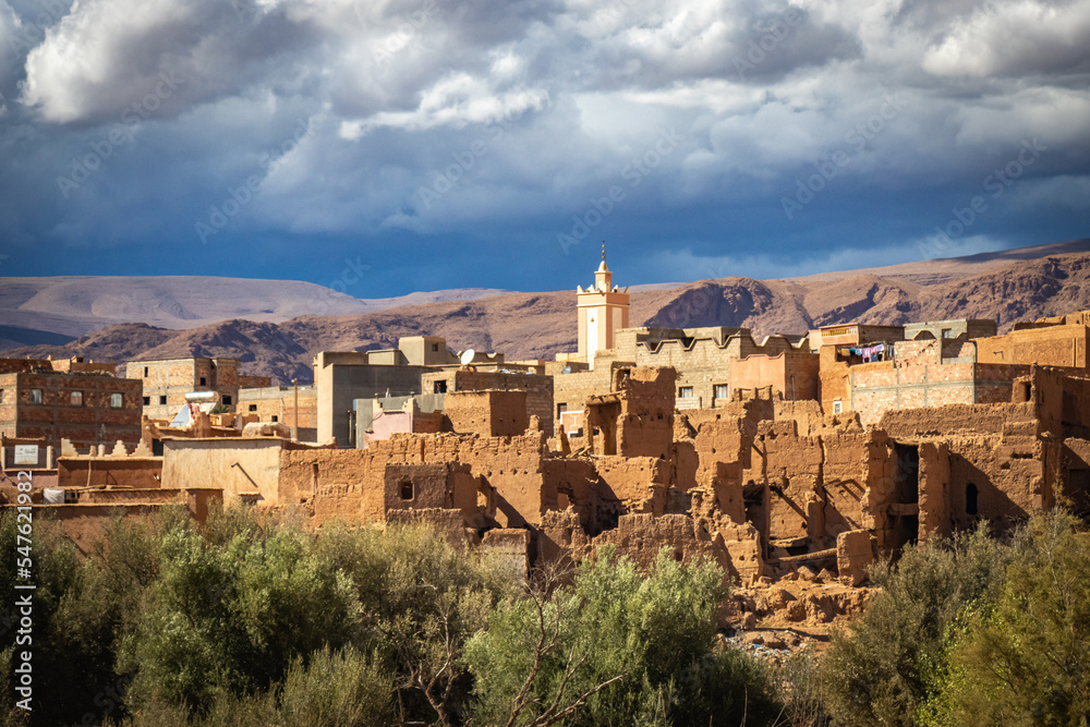 kasbah, valley of roses, morocco, oasis, river, m'goun, high atlas mountains, north africa, dramatic sky