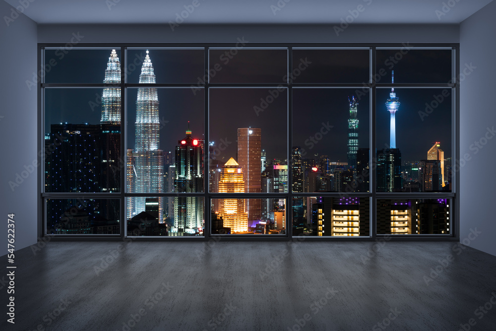 Fototapeta premium Empty room Interior Skyscrapers View Malaysia. Downtown Kuala Lumpur City Skyline Buildings from High Rise Window. Beautiful Expensive Real Estate overlooking. Night time. 3d rendering.
