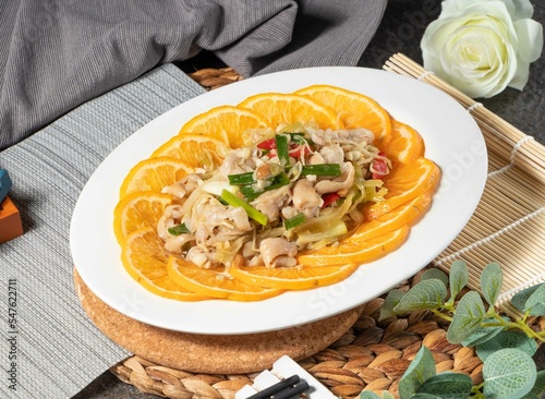 Stir-Fried Large Intestine with Shredded Ginger served in dish isolated on table top view of chines food photo