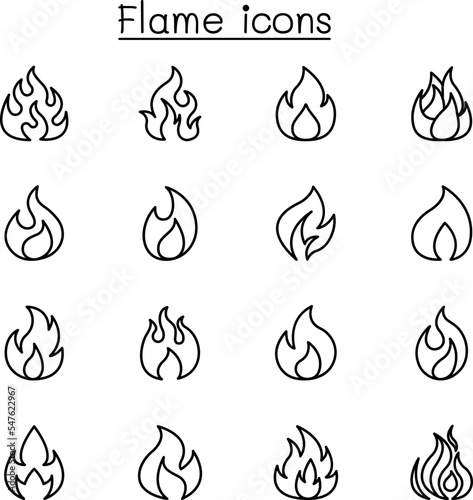 Flame  fire icon set in thin line style