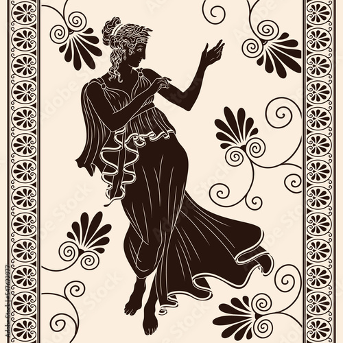 An ancient Greek woman in a tunic with bare feet stands, dances and gesticulates. Figure on a beige background with meander