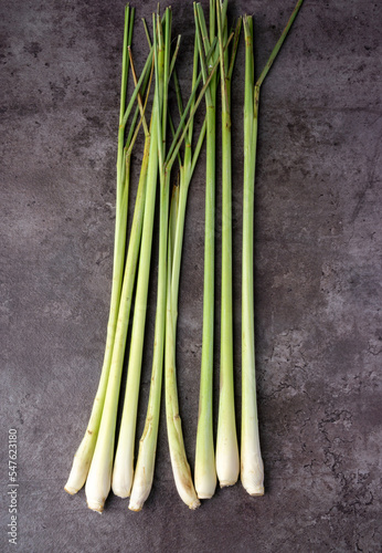 Fresh Lemongrass on dark background. Aromatic herb. Tradicional medicine. For inscent repellent herb. Top view.