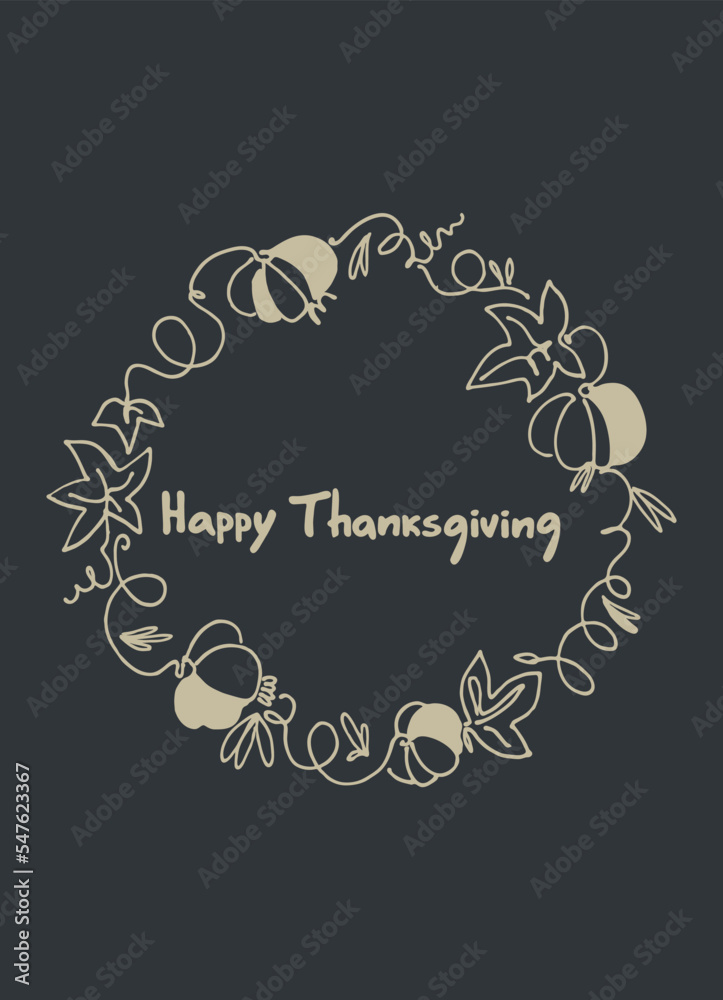 Thanksgiving Day card design. Hand-lettered greeting phrase like gold inside wreath with leaves, berries, oak acorns on light-colored background Thanksgiving Day card design. Hand-lettered greeting phrase like gold inside wreath with leaves, berries, oak acorns on light-colored background