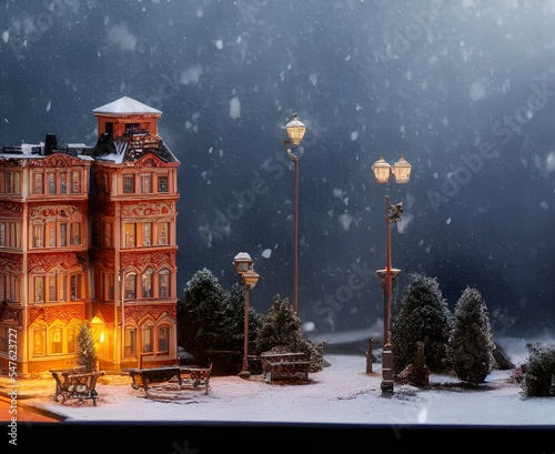  detailed miniature diorama a russian residential building in russian suburb  cozy snowy