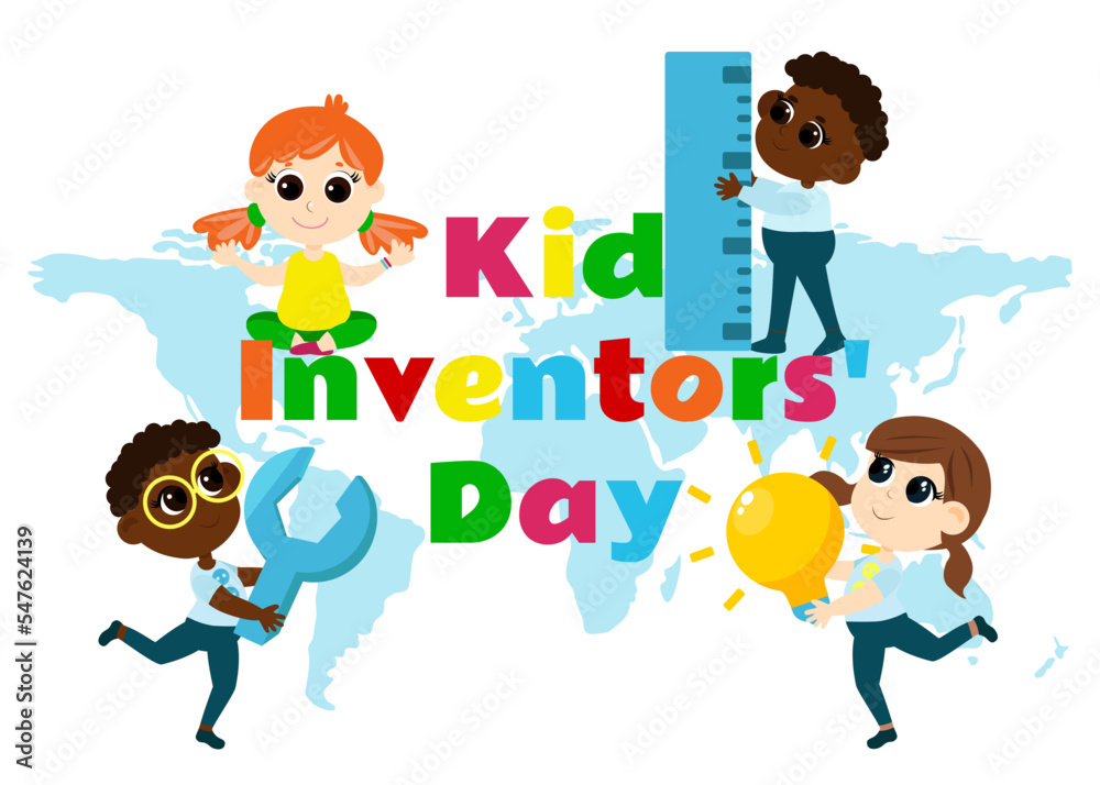 Kid Inventors Day. Group of international kids boys and girls with different tools symbols of ideas and inventions. Illustration in cartoon style isolated on white.