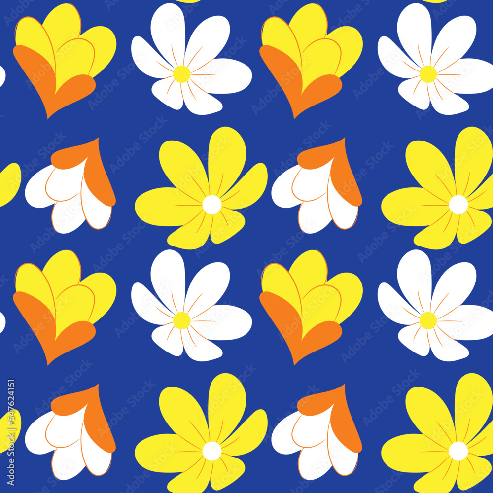 Yellow and white flower seamless pattern on blue background. Yellow and white flower seamless pattern on blue background.