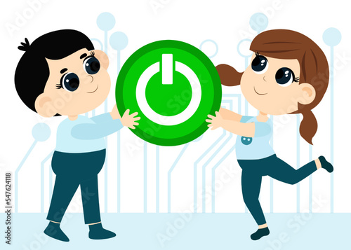 Kid Inventors Day. Cute boy and girl are holding the Power button as a symbol of invention. Cartoon style illustration.