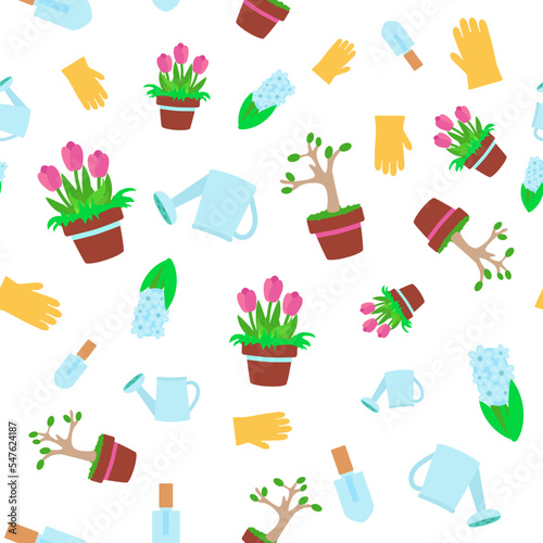 Seamless pattern garden tools watering can, shovels, rakes and gloves, potted tulips and hyacinth. Ornament for textiles, packaging, background design in cartoon style.