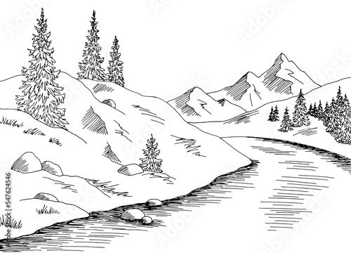 Mountain river graphic black white landscape sketch illustration vector 