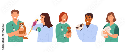 Set of veterinary doctors holding pets. Female and male veterinarians with dog, cat, parrot, guinea pig, rabbit. Color flat vector illustation isolated on white background