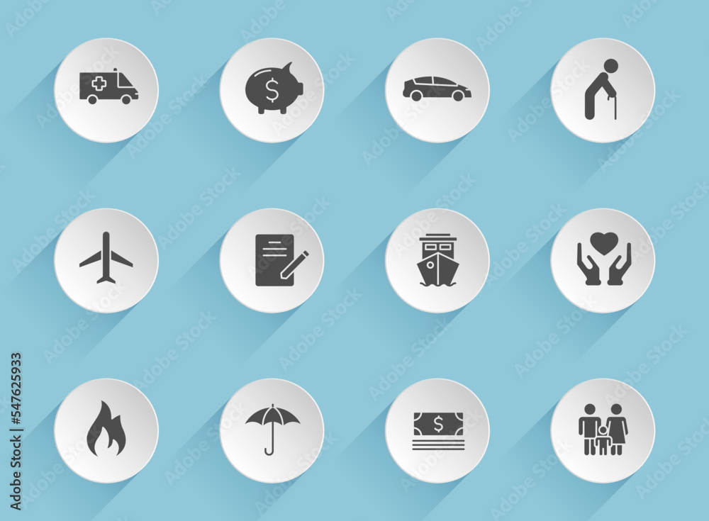insurance vector icons on round puffy paper circles with transparent shadows on blue background. insurance stock vector icons for web, mobile and user interface design
