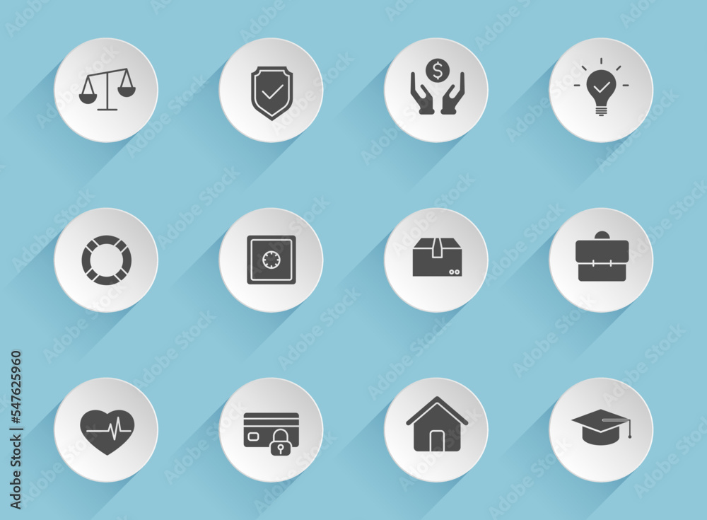insurance vector icons on round puffy paper circles with transparent shadows on blue background. insurance stock vector icons for web, mobile and user interface design insurance vector icons on round puffy paper circles with transparent shadows on blue background. insurance stock vector icons for web, mobile and user interface design