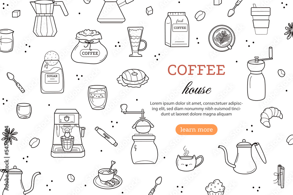 Naklejka premium Hand drawn banner template with coffee makers, grinders and desserts on white background. Doodle sketch style. Vector illustration for coffee shop, coffeehouse, cafe, website background