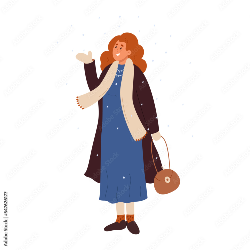 Smiling woman enjoying wintertime. Young female character wearing warm coat, dress, scarf, mittens, with bag. Happy lady rejoices in snowy weather. Flat cartoon vector illustration Smiling woman enjoying wintertime. Young female character wearing warm coat, dress, scarf, mittens, with bag. Happy lady rejoices in snowy weather. Flat cartoon vector illustration