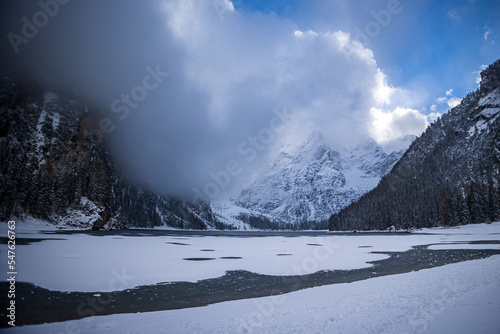 Braies lake in a winter day